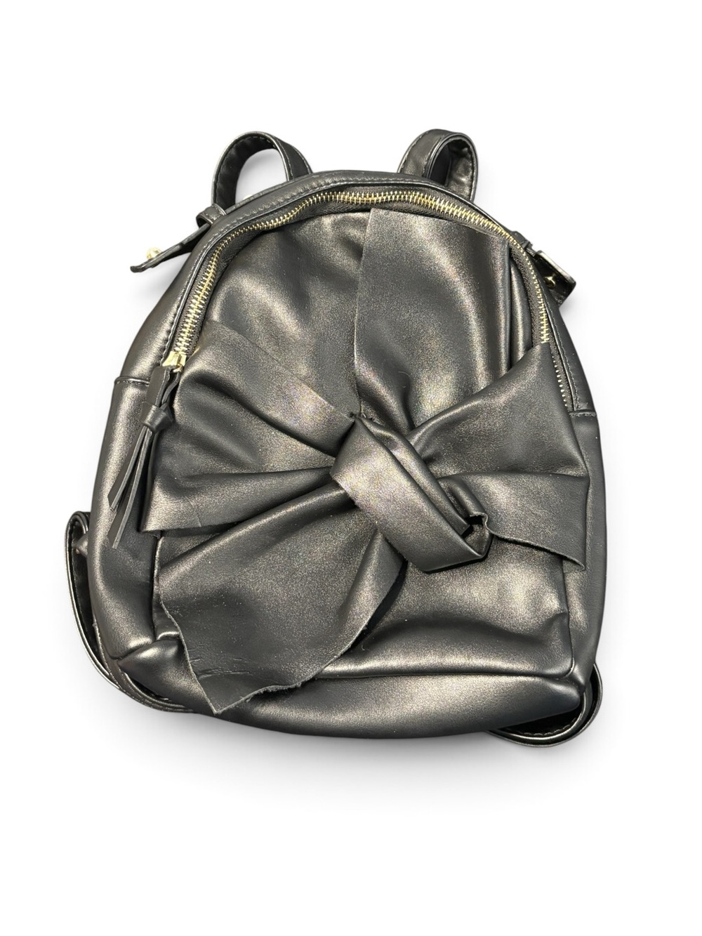Sleek Bow Gold and Pearl Accent Metallic Black Mini Backpack